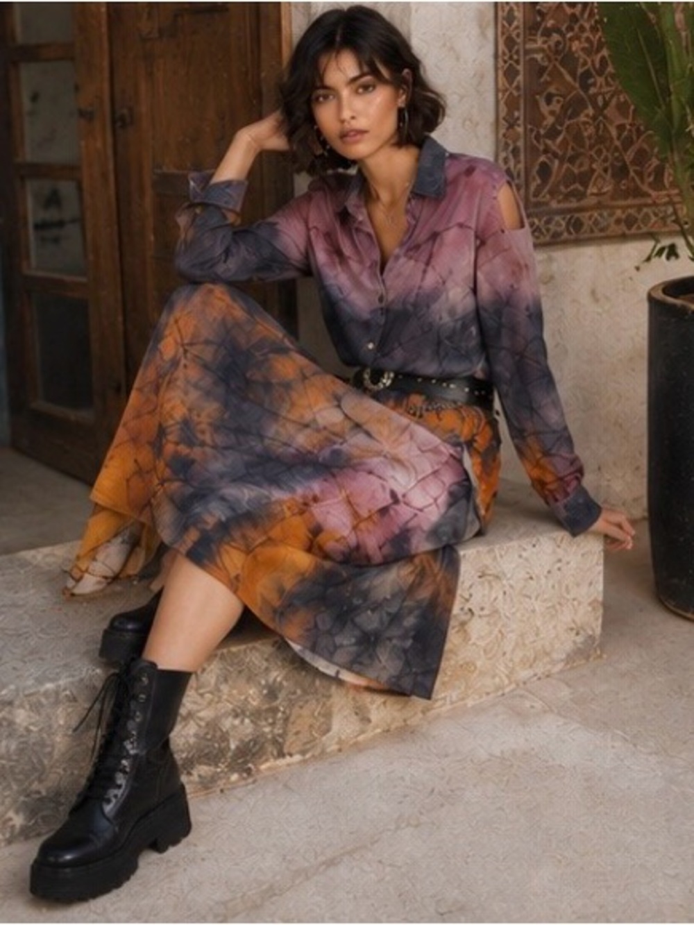Rare Johnny Was 2-Piece Tie Dye Maxi Skirt & Button Front Blouse Set | Size M